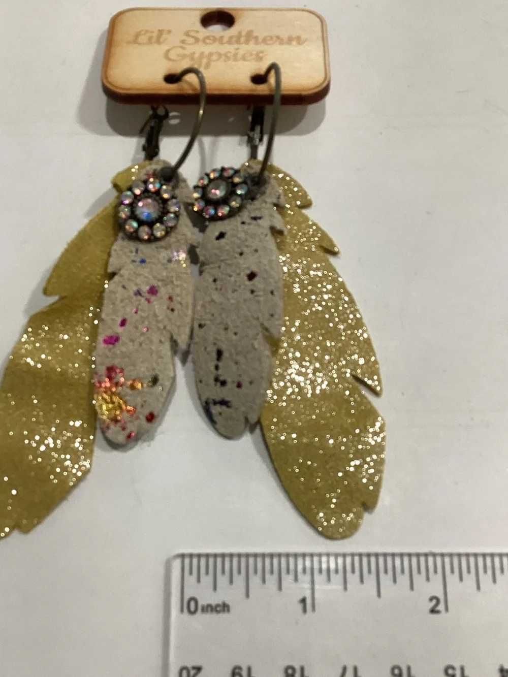 Gold & Gray Feather Drop Earrings